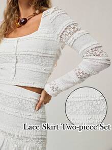 Freevana Women's White Lace 2-Piece Set,Elegant Square Neck Long Sleeve Blouse&Long Skirt,Autumn Holiday Tea Party Vacation Outfit, Beach Resort Wear - White - View 2
