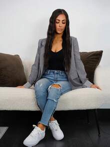 SAYEHFBABY 灰色条纹翻领长袖女式西装外套