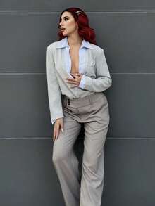 Bearsaez 女士纯色腰部纽扣设计直筒宽松休闲裤 - 淺灰色 - 查看 6