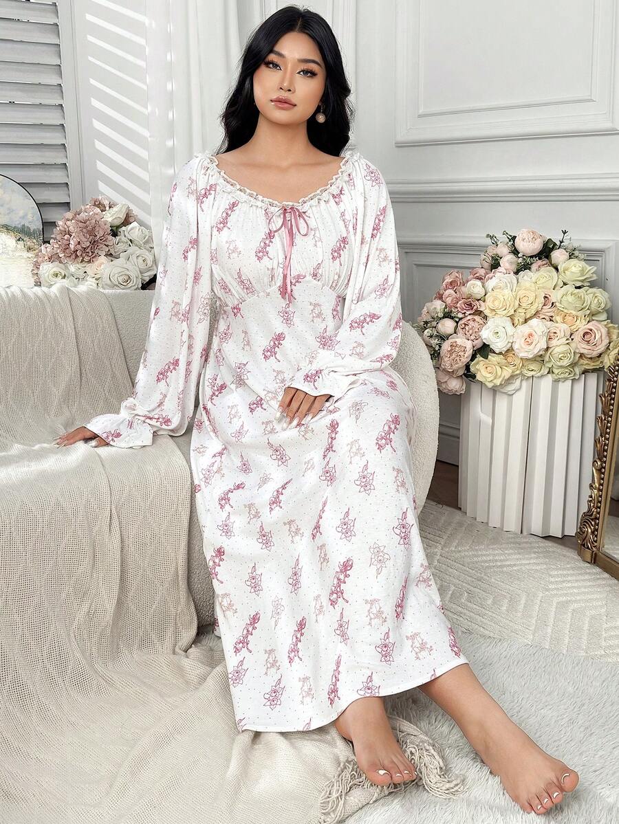 Dazy Plus Floral Contrast Lace Elastic Fitted Long Flare Sleeve Nightgown, Spring/Autumn - Pink - View 1