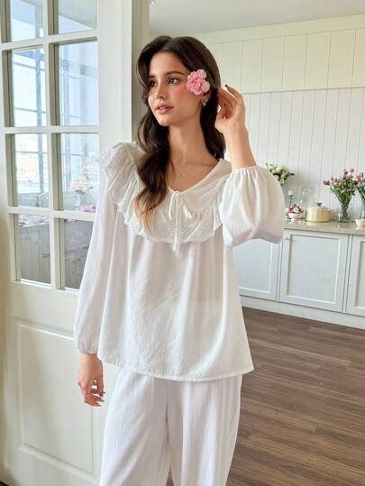 SHEIN Women's Ruffled V-Neck Embroidered Hollow Lace Long Sleeve Pajama Set