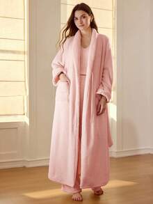 MOTF PREMIUM SHAWL COLLAR FAUX PEARL DECOR FUZZY BELTED ROBE - Coral Pink - View 4
