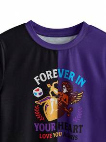 Y2Kool Maria Clara Maia Damen Neujahrseditionen Schwarz & Lila Valentinstag Engel Amor Buchstaben Muster Rundhals Colorblocking Kurzarm Crop Top Lässig T-Shirt Y2K Karneval - Violett - Übersicht 4