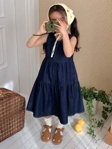 DAZY Young Girl' Round Neck Washed Denim Casual Summer Dress - Dark Wash - View 6
