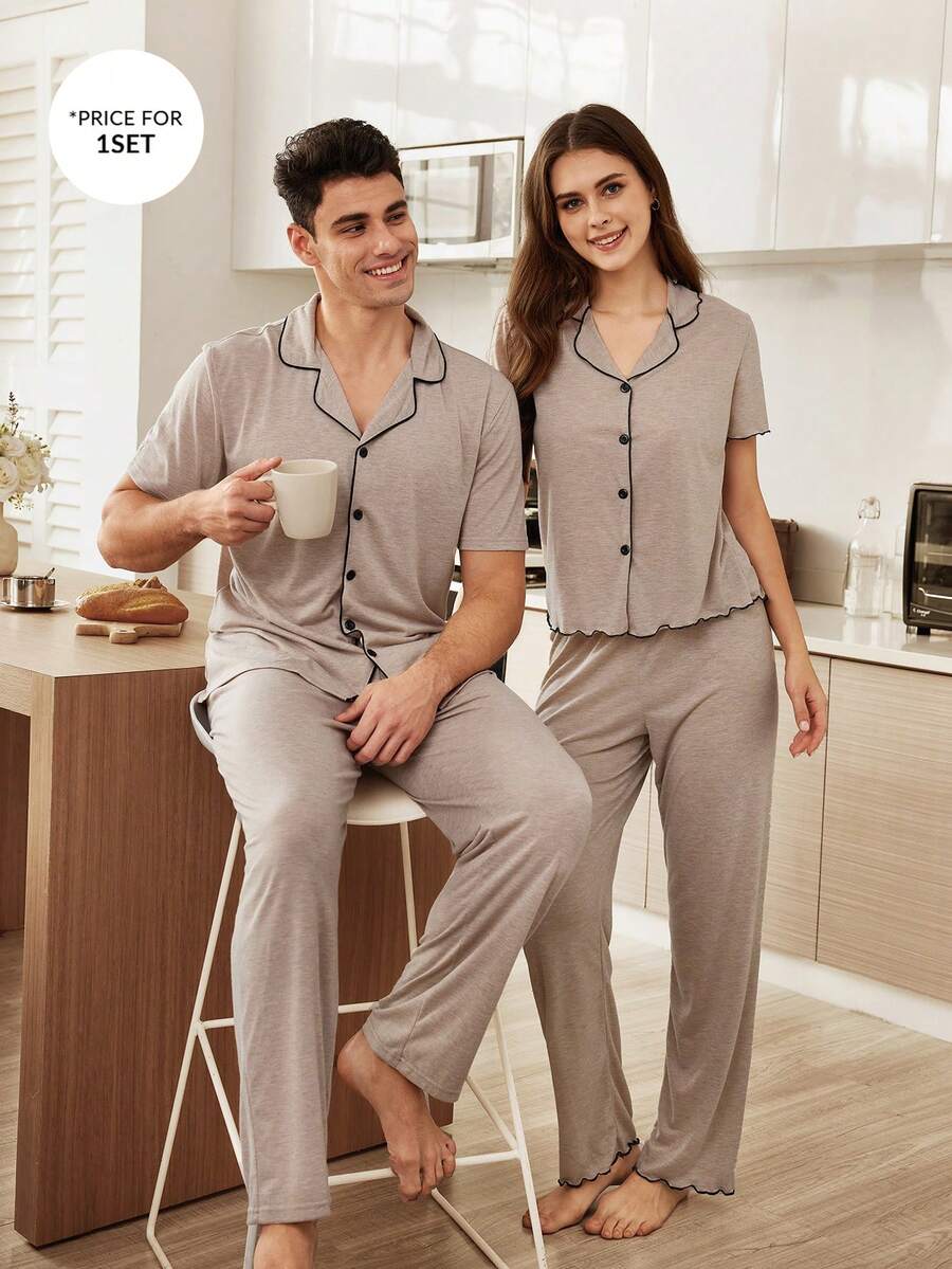 CoupledUp Men's Khaki Collar Black Stripe Trim Super Soft Draping Knit Fabric Short Sleeve Top And Pants, Casual Couple Loungewear/Sleepwear Set - Khaki - View 1
