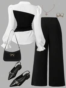 SHEIN Girlism Teen Girls 2pcs/Set Knitted Color Contrast Collared 2 In 1 Long Sleeve Shirt And Wide-Leg Pants,Black And White,Autumn,Holiday,Back-To-School Outfit - Black and White - View 2