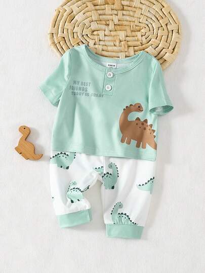 Newborn Baby Pajamas-2 Pieces Pajama Set Summer 2026 Holiday Essential Pastel Green Short Sleeve Round Neck Top Two Button Detail Long Pants Elastic Cuffs Dinosaur Print All Day Comfort Lightweight Beach Nap Playtime Gift