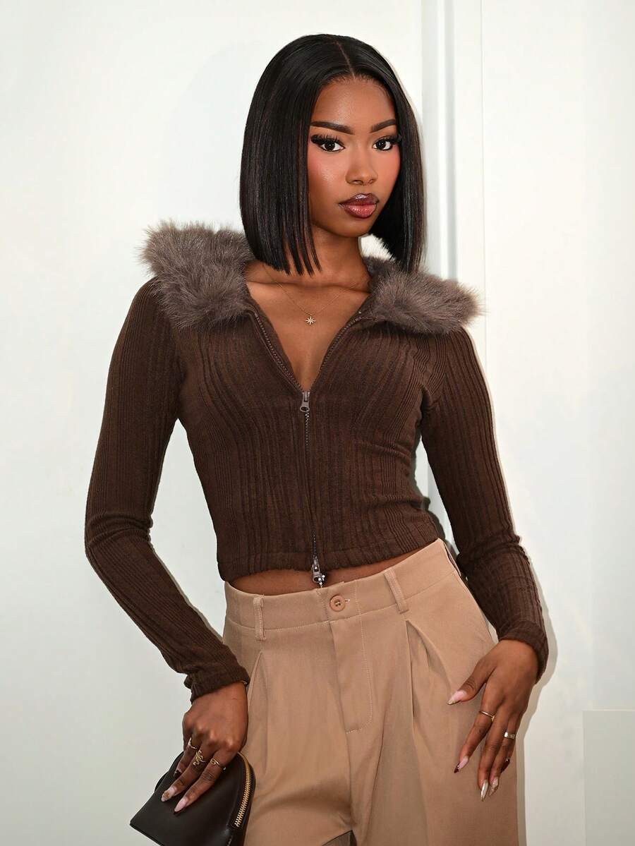 Mima John Textured Brushed Patchwork Collar Fitted Sexy Cardigan Long Sleeve T-Shirt For Women, Autumn/Winter - Coffee Brown - View 1