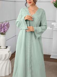 Al Najma 浅绿色V领贴花长袖宽松时尚优雅女式连衣裙 - 薄荷綠 - 查看 5