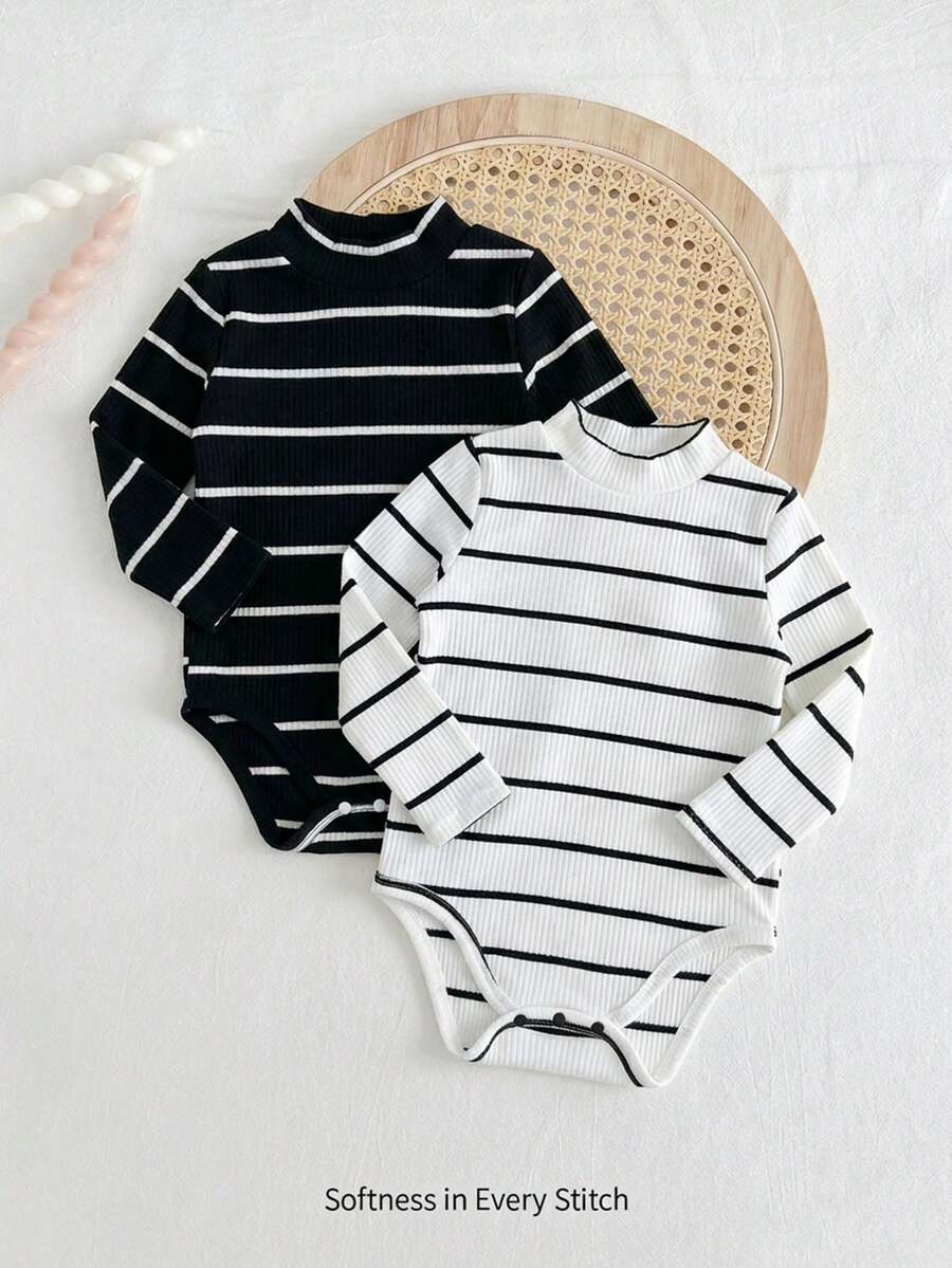 Cozy Pixies 2pcs Baby Boy Solid Color Soft Knit Collared Long Sleeve Bodysuit Set - Black and White - View 1