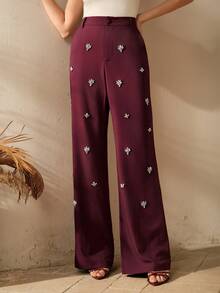 Anewsta Women's Fashion Minimalist Luxurious Rhinestone Embellished Slim-Fit Flared Dress Pants, Evening Dress, Festival - Burgundy - View 6