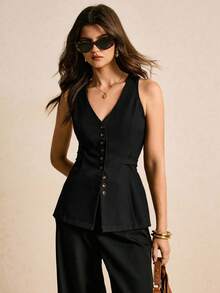 Poéselle Chaleco informal de mujer de un solo botonadura y unicolor - Negro - Ver 3