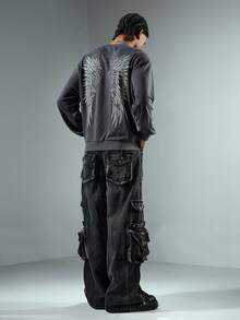 ROMWE MEN Street Life Men's Wing Rhinestone Print Pullover Sweatshirt - Black - View 3