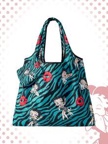 Betty Boop | ROMWE Large Capacity Foldable Tote Bag With Coin Pouch, Portable Shopping Bag, Gym Bag - blue-green - View 1