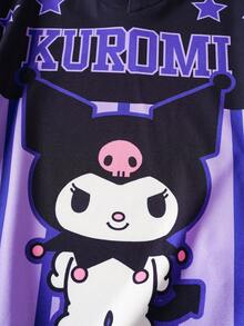 HELLO KITTY AND FRIENDS | SHEIN 年轻女孩休闲日常通勤时尚街头卡通字母条纹撞色印花宽松T恤，夏季