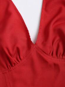 Sweetra Women's Sexy Deep V-Neck Backless Bodycon Mini Dress With Tie Waist And Layered Hem, Romantic Party Cocktail Dress - Red - View 4