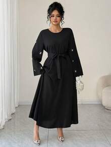 Al Najma Plus Size Women's Autumn Black Beaded Waist Belt A-Line Elegant Arabic Style Dress - Black - View 6