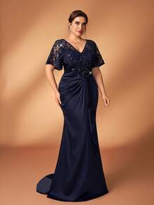 Serin Plus Size Elegant Navy Blue Winter Dress,Formal Party Wedding Mother Of The Bride Sequin Floral Lace Applique Elastic Satin Ruffle Sleeve Gown - Blue - View 6