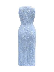 Elenzga New Design Elegant Blue Textured Jacquard Shiny Fabric Square Neck Pearl Button Waist Slimming Slit Hem Maxi Dress, Fashionable Spring/Summer Versatile Dress For Daily, Date, Holiday - Baby Blue - View 2