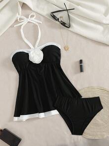 Swim Chiccia 2pcs Black & White Contrast Spaghetti Strap Front Ruched Design Women Camisole Bikini Top - Black and White - View 7