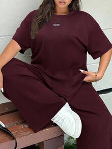 Muchica 2pcs Plus Size Women Casual Letter Print Short Sleeve T-Shirt And Pants Set, Spring/Summer Wide Leg Pants Set Modest Two Piece Set Pants Two Piece Set - Rusty Rose - View 3