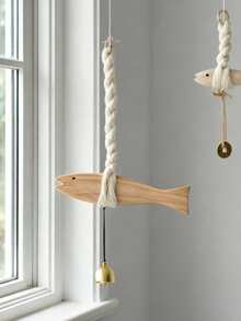 Madebyblanc 1pc Mediterranean-Style Wall Decorations, Fish Hangers, Solid Wood Cotton Ropes, Small Fish Bells, Wind Chimes, Creative Wall Home Furnishings, Suitable For Rural And Farm Wall Wooden Door Decoration - Multicolor - View 3