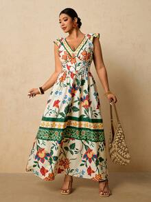 Travachic Plus Size Women's Tropical Floral Print Maxi Dress, V-Neck Flutter Sleeve Cinched Waist A-Line Long Dress, Romantic Vacation Dress For Early Spring - Multicolor - View 6