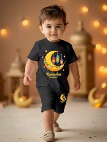 Moon And Lantern Pattern,Round Neck Short Sleeve Outfit For Birthday,Parties,Festivals - Black - View 7