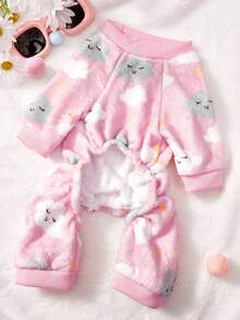PETSIN 1pc Black And White Cloud Star Print Flannel Pet Jumpsuit Pink Casual Style Autumn And Winter Thick Warm Pet Clothing - Pink - View 7