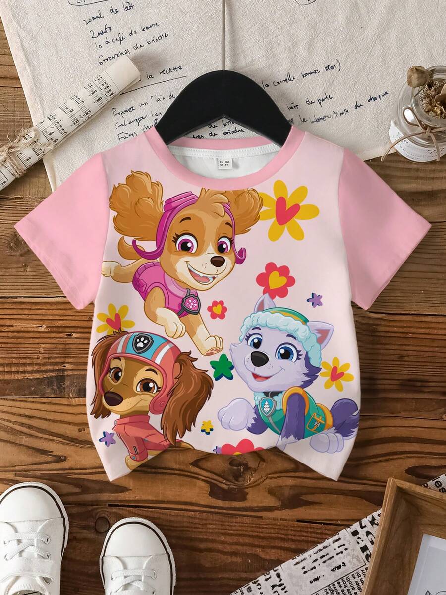 SHEIN | PAW Patrol 女童休闲可爱狗狗印花圆领短袖T恤，夏季 - 白色 - 查看 1