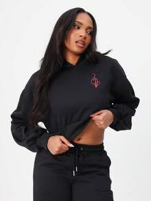 Oversized Cropped Sweatshirt With Text Print Long Sleeve Drawstring Pullover Sweatshirt - Black - View 2