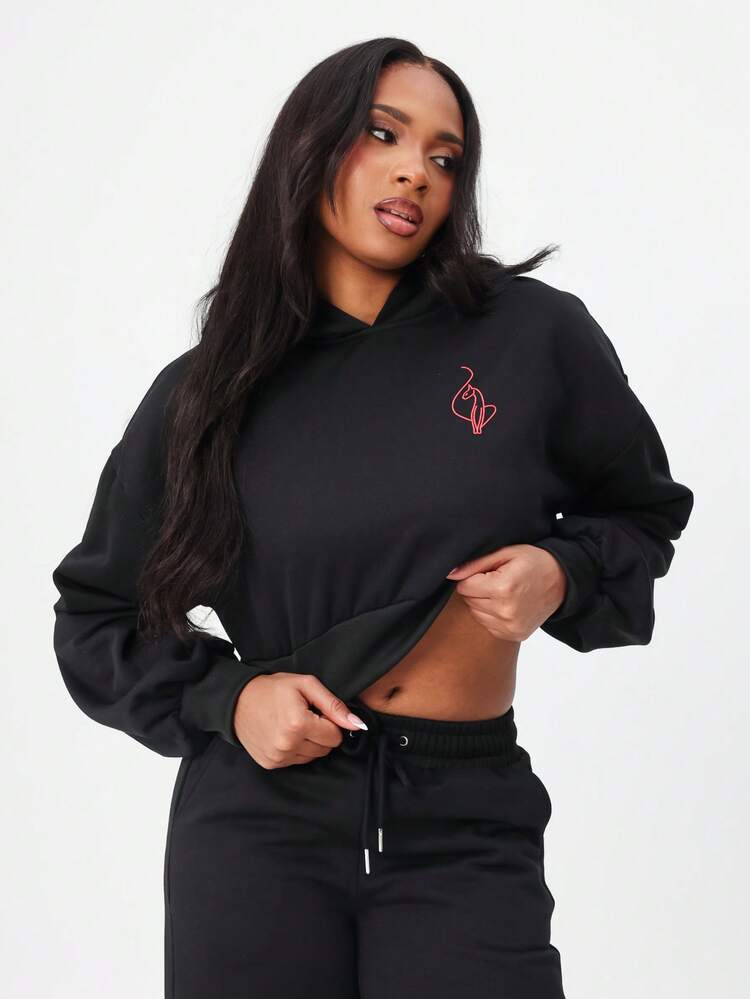 BABYPHAT Moletom Cropped Oversized com Estampa de Texto, Manga Longa, Cordão, Moletom de Gola Redonda