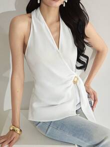Heiryn New Korean Style Linen-Feel Halter Neck Overlapping V-Neck Pleated Metal Buckle Structured Sleeveless Top - White - View 2