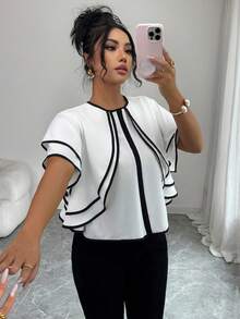 SHEIN Elenzya Women's Round Neck Fashionable Black And White Contrast Ruffle Sleeve Blouse - White - View 3