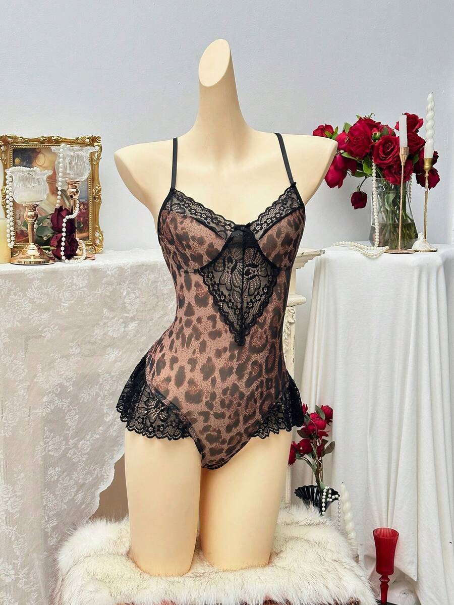 SHEIN Women's Sexy Leopard Print Lace Patchwork Hollow Out Bodysuit, Slim Fit Elegant Sleepwear - Multicolor - View 1