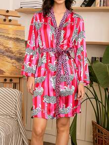 Chillnights Women's Casual Loose Tie-Waist Satin Robe With Colorblock Leopard And Striped Print, Comfortable And Youthful Silk Robe Set Silk Robes For Women - Multicolor - View 4