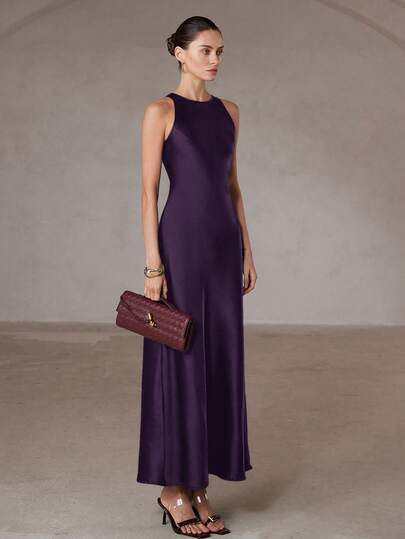 Aveloria Modichic Minimalist Elegant Asymmetric Bias Cut Double-Sided Satin-Like Acetate Fabric A-Line Sleeveless Dress For Women