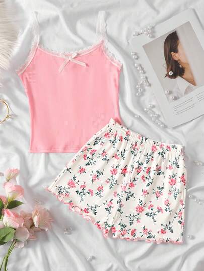 SHEIN 少女撞色蕾丝蝴蝶结装饰吊带背心和碎花短裤睡衣套装