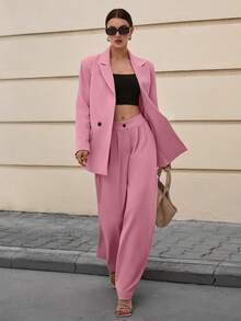 EURMUSE Women's Solid Color Notched Collar Single-Breasted Long Sleeve Jacket And Wide-Leg Pants Casual Business Suit Set - Dusty Pink - View 3
