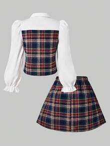 少女格子领泡泡袖开衫搭配松紧腰百褶裙，学院风，适合春、秋、冬季穿着。 - 藍色 - 查看 8