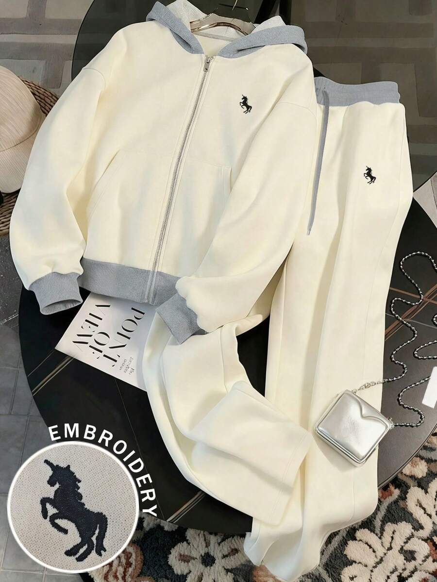 Resyla 两件套女士半人马刺绣连帽卫衣和抽绳阔腿裤套装