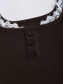 Sweetra 女士休闲时尚蕾丝拼接褶皱吊带背心 - 棕色 - 查看 6