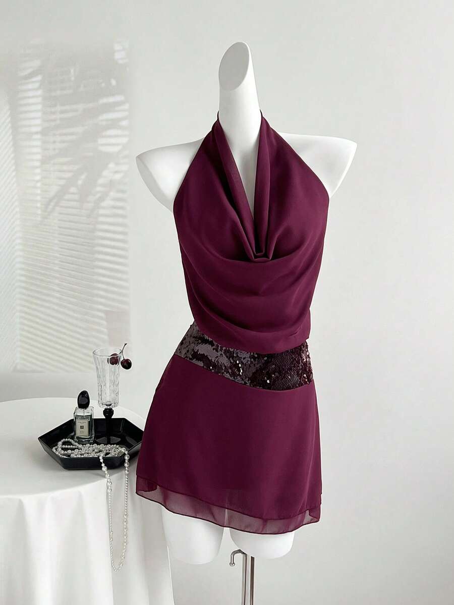 SHEIN Unity Burgundy Red Summer Seductive Party Dress,Elegant Sequin ...