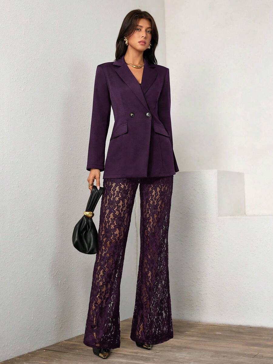 Islaluna Women's Elegant Loose Double-Breasted Long Sleeve Blazer Jacket And Flared Lace Pants Set, Spring/Autumn - Purple - View 1