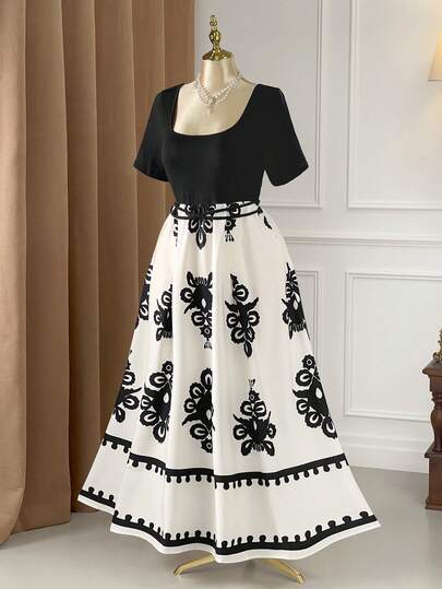 Rometta Color Block Elegant Printed Tie-Up Dress