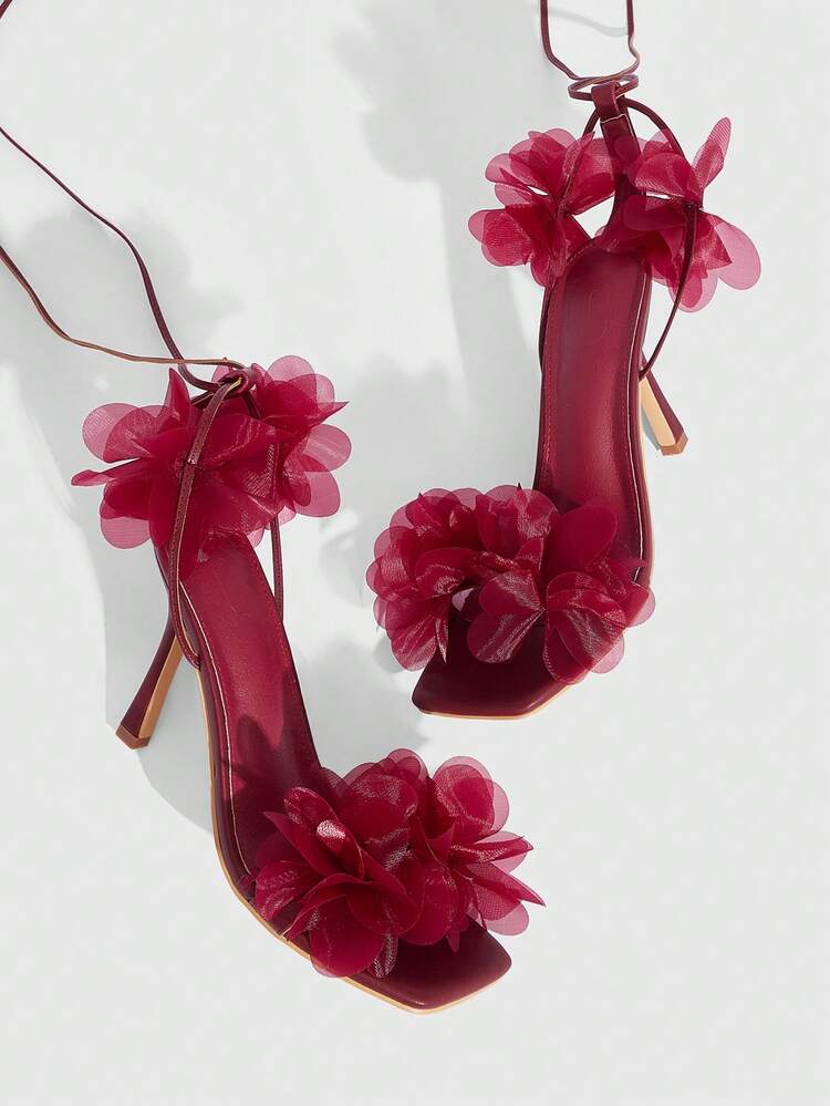 CUCCOO SZL Women's Fashionable & Elegant 3D Floral Decor Heeled Sandals, Summer Valentine's Day Spring Shoes Prom Heels