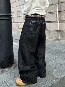 Manfinity EMRG 男士街头时尚休闲刺绣宽松阔腿牛仔裤 - 黑色 - 查看 5