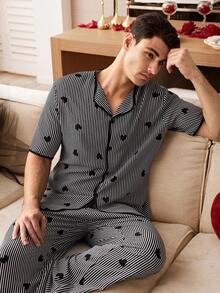 CoupledUp Striped Heart Print Casual Loungewear Pajama Set For Men - Black - View 5