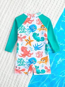 婴儿拉链泳衣，海洋生物鲨鱼印花。夏季海滩度假必备时尚单品。长袖设计，蓝色撞色，可爱的鲨鱼和海洋生物卡通图案。生动活泼。适合可爱的男宝宝在海滩玩耍时穿着。 - 彩色 - 查看 3