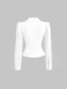 SHEIN Sweetro 优雅法式复古浪漫宫廷风OL通勤系列高质感休闲约会度假简约腰部羊腿袖白色衬衫，春/秋/冬 - 白色 - 查看 2